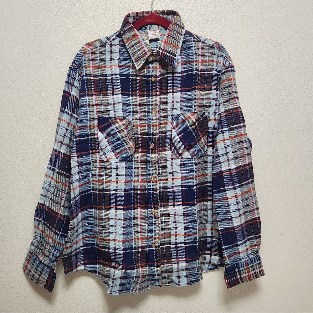 Vtg 70s Big Mac Flannel Men's XL Blue Red Plaid Work Shirt Deadstock JC Penney